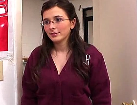 Pretty girl with glasses gets fucked ard and left with cum on her fat full of life tits