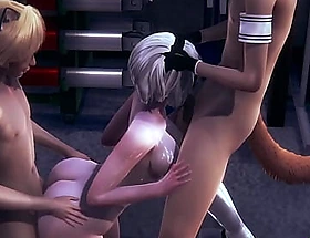 Nier automata - threesome 2b suck two dicks and later suck and is fucked